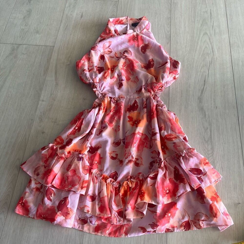 Lulu's Pink Floral Halter Ruffle Dress